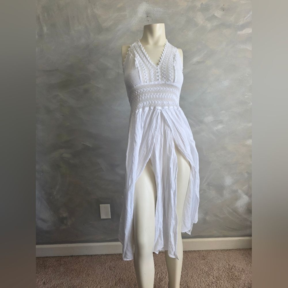 White Peruvian Cotton Arabella High Split Midi Halter Dress Seaspice Resort L